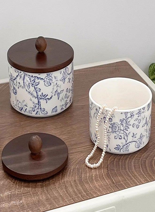 EHERDM Ceramic Jewelry Box with Wood Lid Blue White Jewelry Case Ring Holder Trinket Vintage Floral Porcelain Round Jewelry Box Trinket for Rings Earrings Necklace Bracelet Keys (Small) - Image 2
